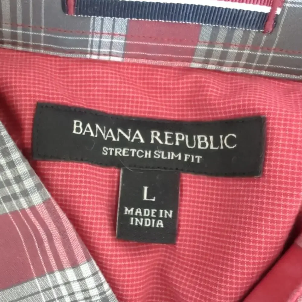Banana Republic Mens Button‎ Up Shirt Red Gray Plaid Long Sleeve Slim Fit Large